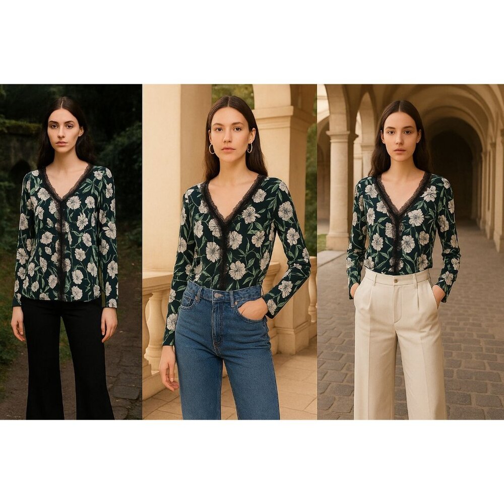 Jason Wu Women Floral LaceTrim Blouse XL Black Green Whimsygoth Boho Chic Light
